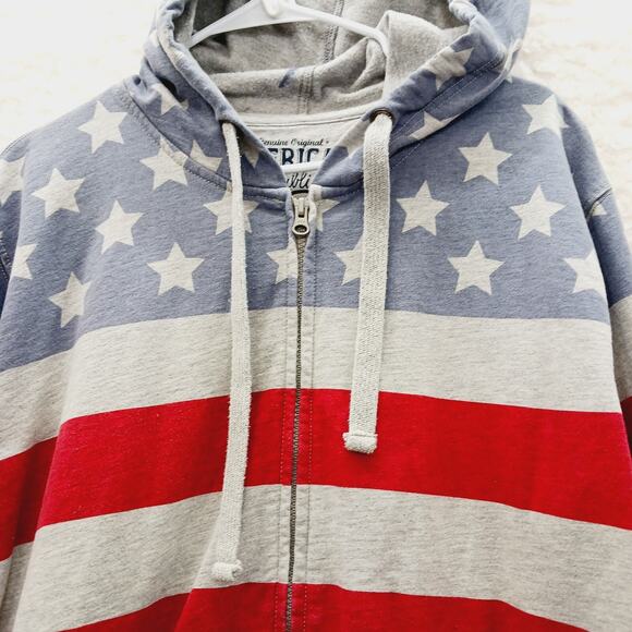 Hoodie Sz L Gray Flag Star Stripe Festival Americana Kangaroo Y2K Patriotic Red - Picture 3 of 16